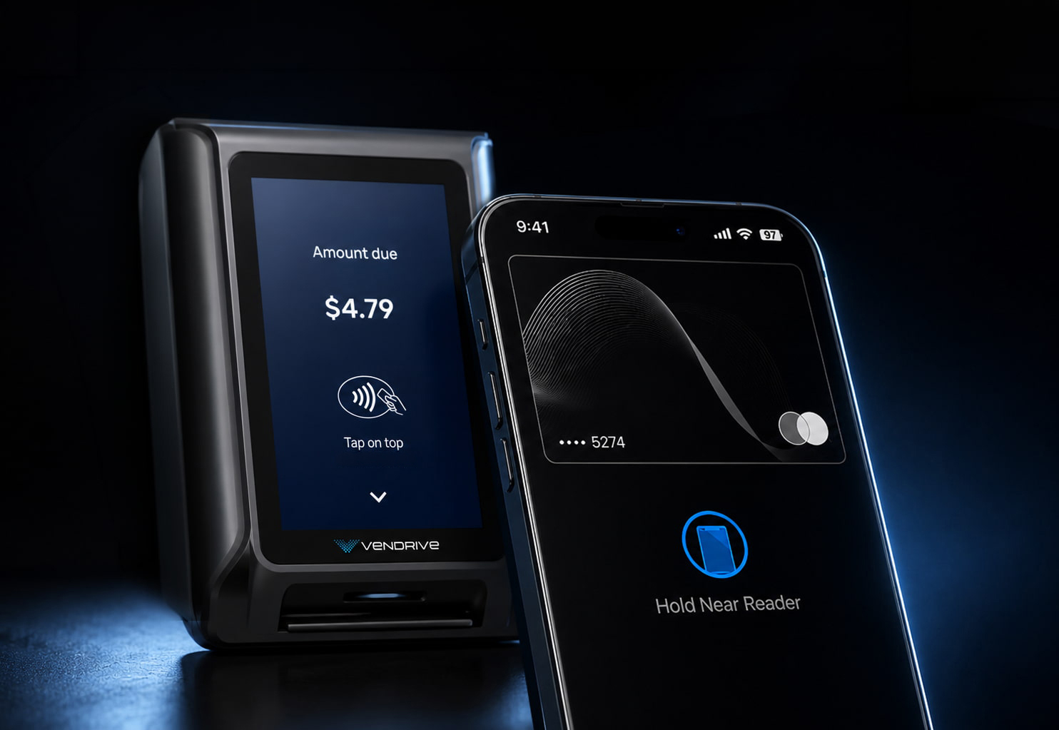 A phone held to the Vendrive Port P1 terminal for a contactless wallet payment.